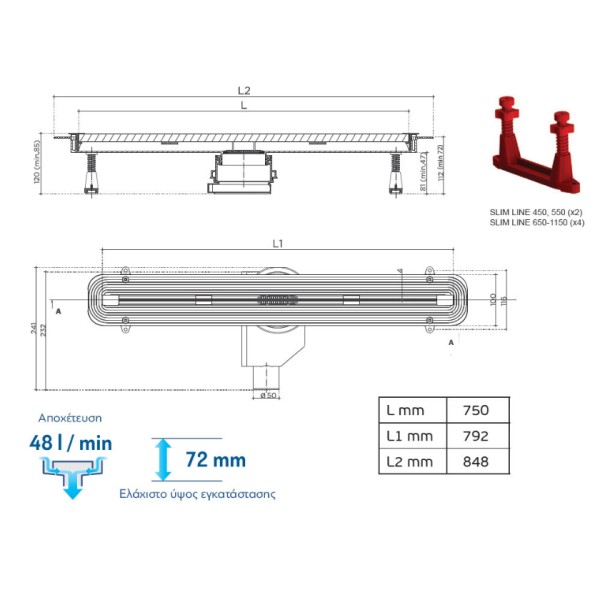 Σχάρα, κανάλι ντουζιέρας Confluo Slim Line 850 85x4 cm code 5206836559285