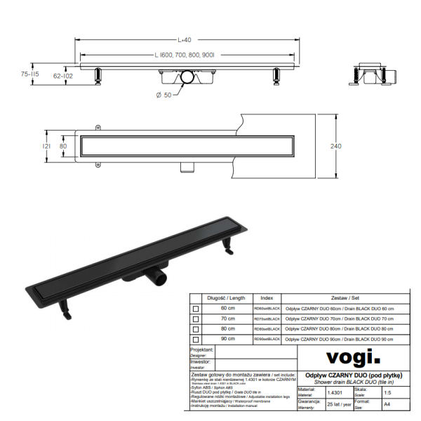 Σιφόνι, κανάλι ντουζιέρας Vogi duo black 60cm