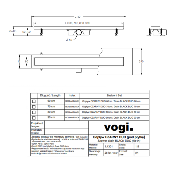Σιφόνι, κανάλι ντουζιέρας Vogi duo gold 60cm